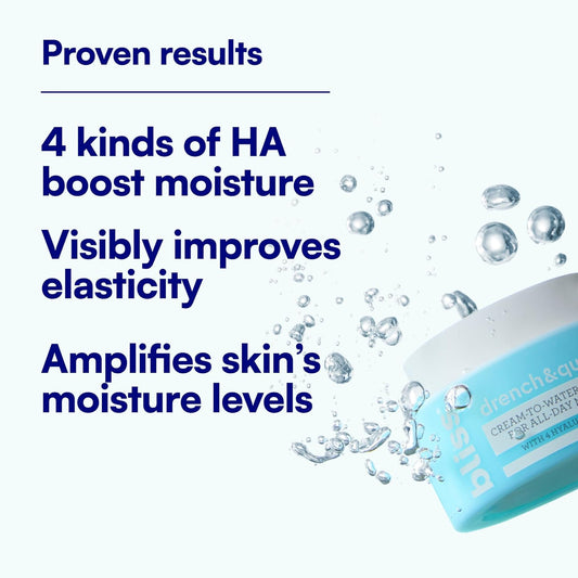 Bliss Drench & Quench Hyaluronic Acid Cream to Water Moisturizer | Lightweight Face Cream with 4 Types of Hyaluronic Acid for All Day Hydration and Plump Skin | Clean Vegan & Cruelty Free 1.7 fl oz